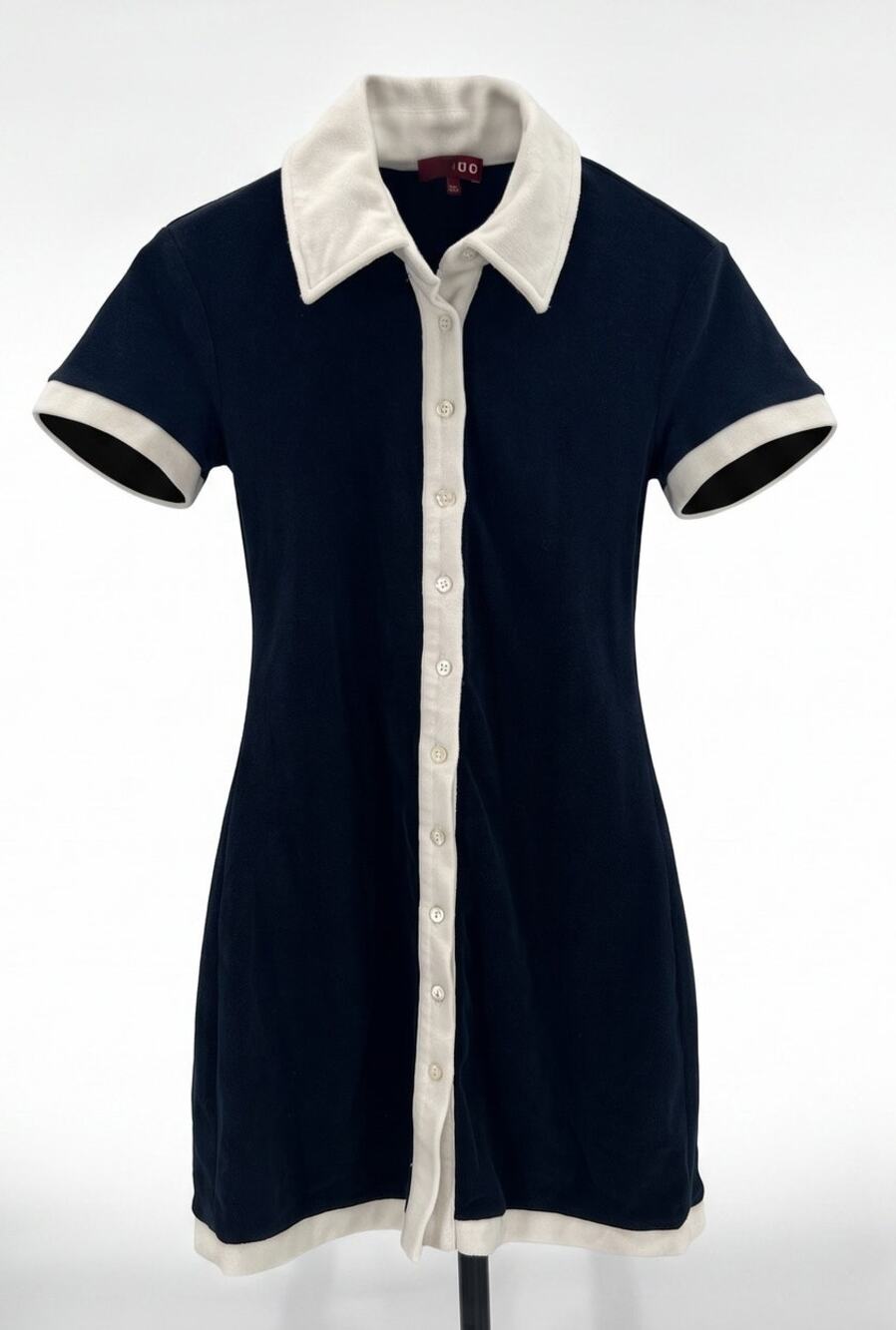 STAUD XS Navy Cream Terry Cloth Polo Mini Dress Button Front